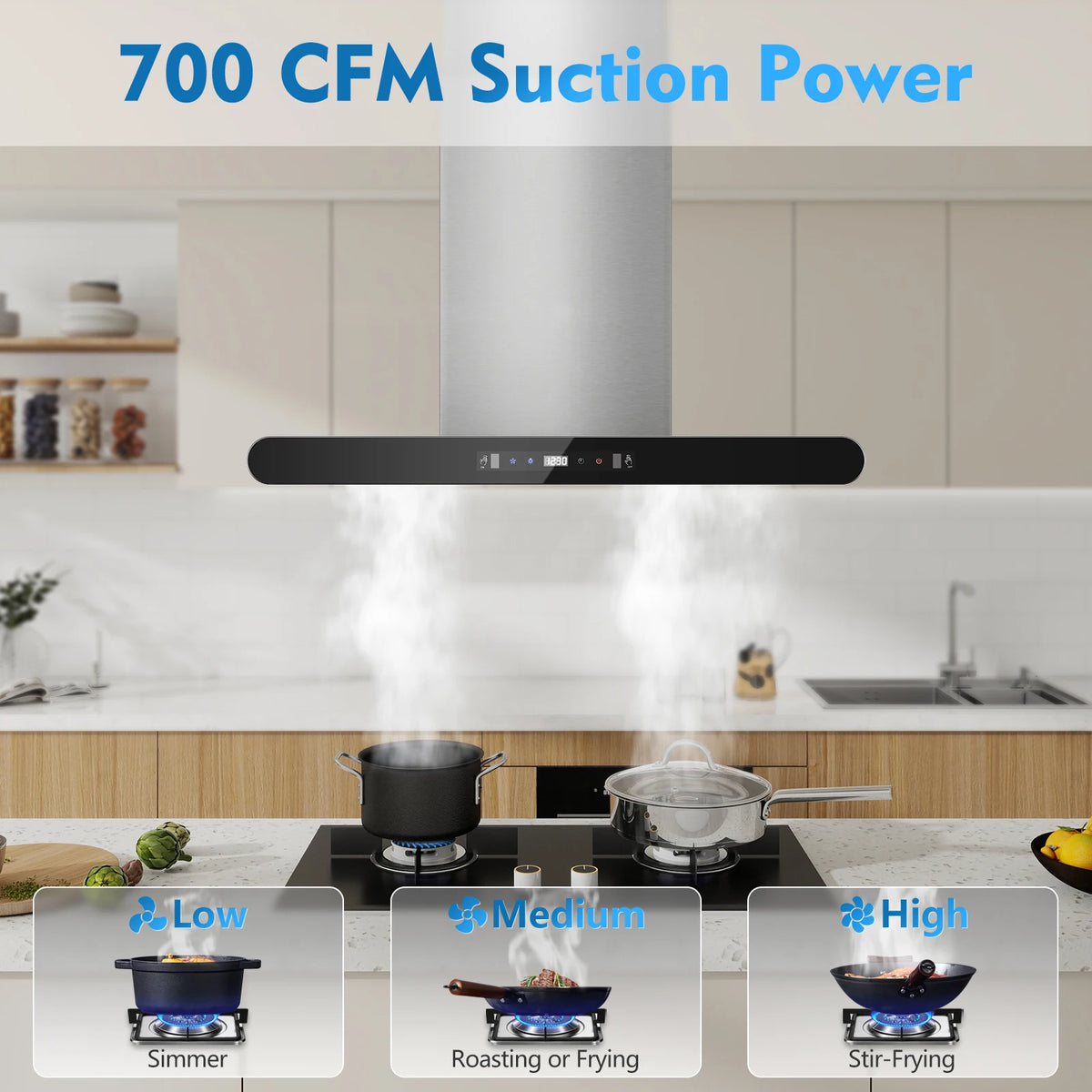 Island Range Hood 30 Inch, 700 CFM Dual-Sided Ceiling Mount Vent Hood, Touch,Gesture & Remote Control, 3-Speed Fan,4 LED Lights