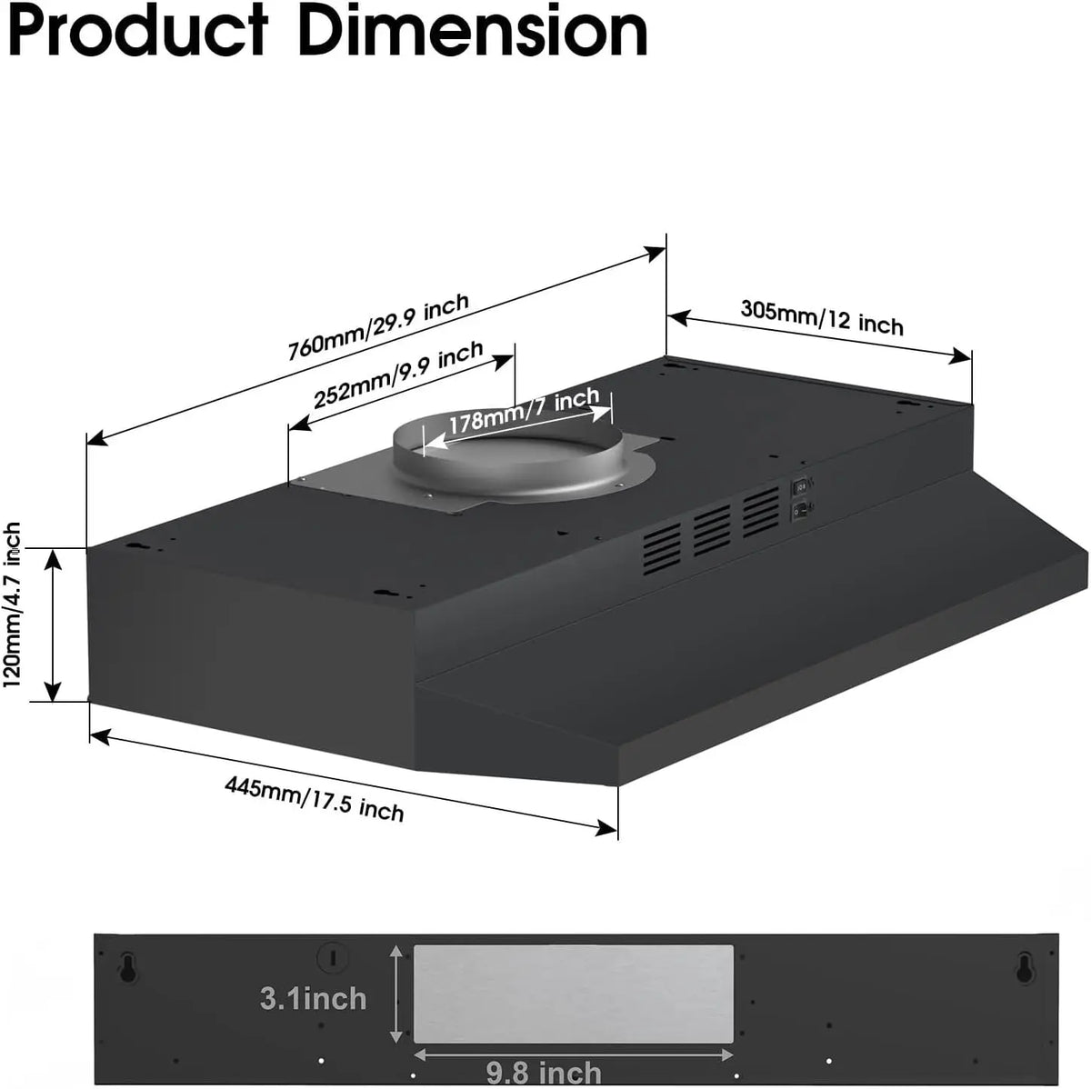 Range Hood 30 Inch Under Cabinet, Stainless Steel Kitchen Vent Hood 280CFM, Built-in Kitchen Stove Hood W/Rocker Button Control