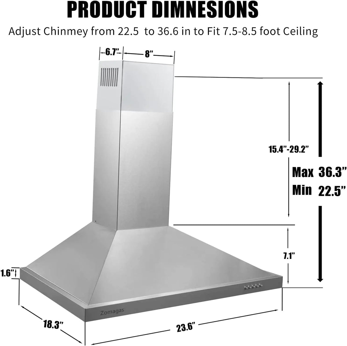 24 Inch Range Hood, Wall Mount Vent Hood in Stainless Steel 3 Speed Exhaust Fan, Energy Saving LED Light, Push Button Control