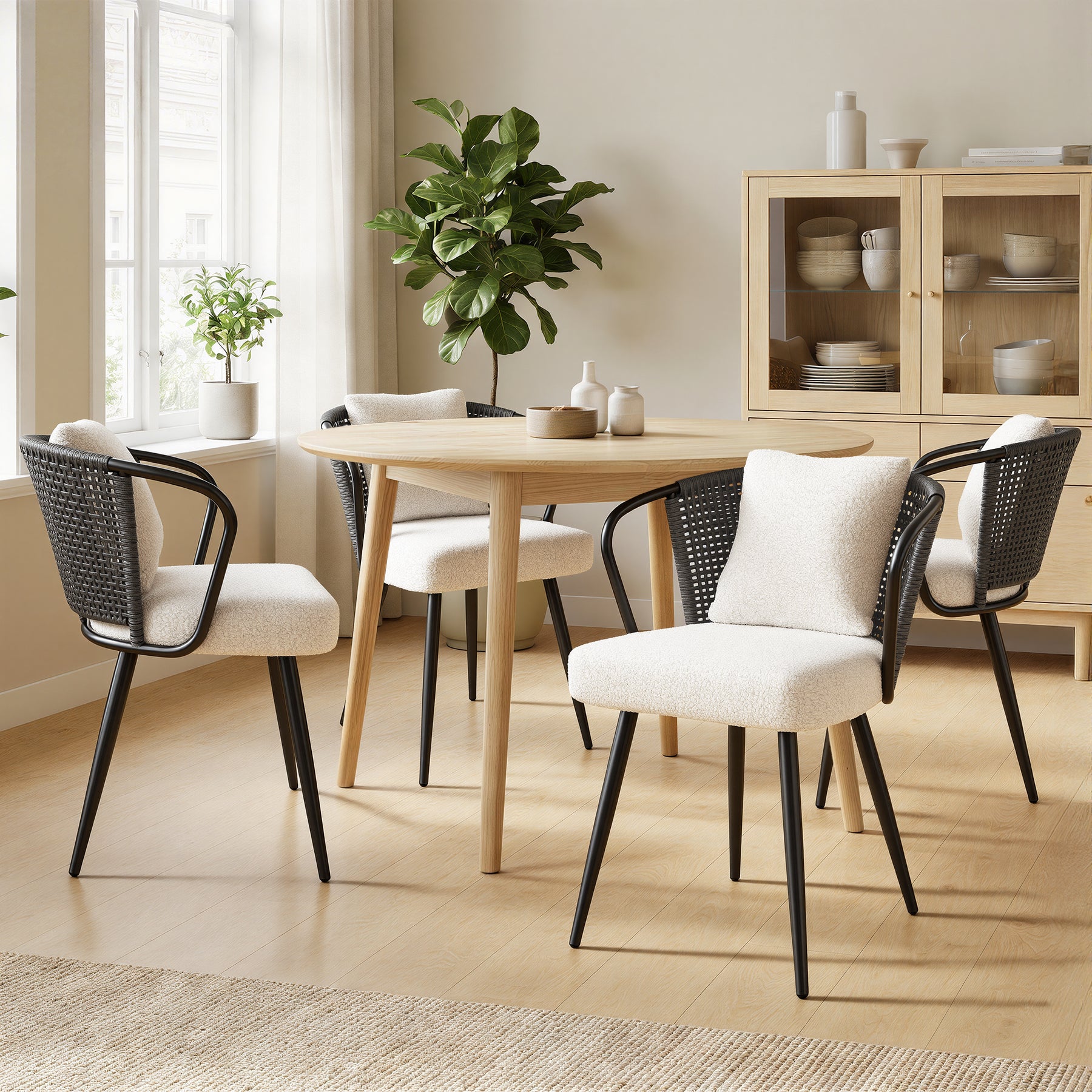Modern Light Dining Chair with Teddy Upholstery & Fleece Cushion Ergonomic Armchair for Home Office & Hotel Use (Set of 4)