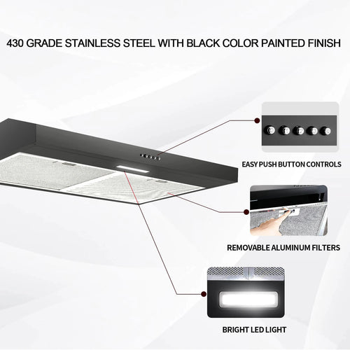 30in Under Cabinet Range Hood Cooking Vent 3-Speed Vent W/LED Black Ducted/Ductless Convertible,LED Light and  - view 2