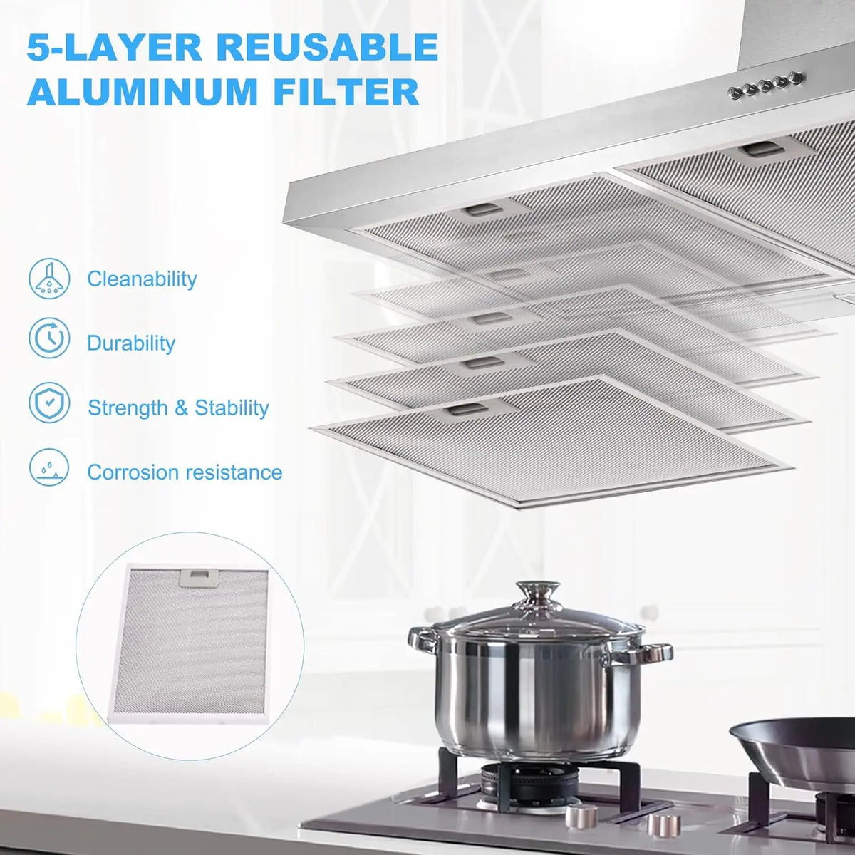 Wall Mount Range Hood 30 Inch Stainless Steel Chimney-Style Over Stove Vent Hood with LED Light, 3 Speed Exhaust Fan, 450 CFM