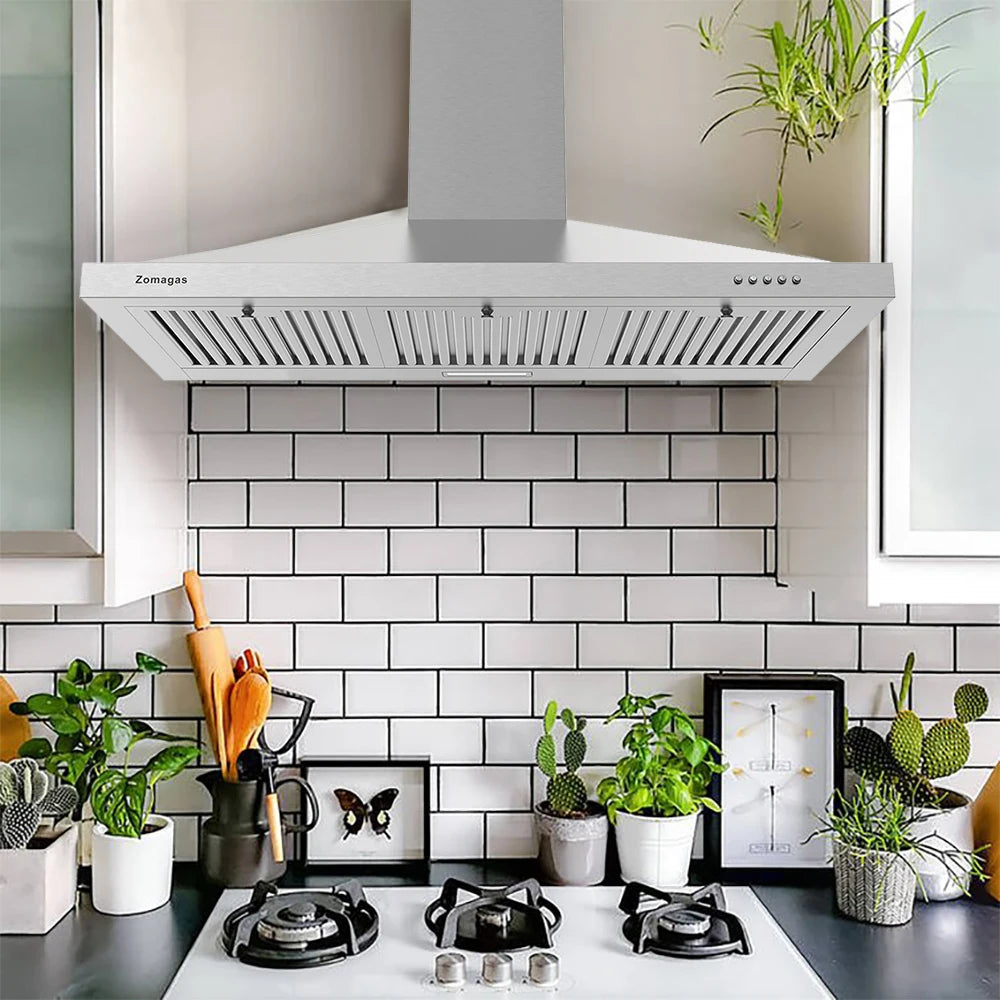 36 Inch Range Hood, Wall Mounted Vent Hood in Stainless Steel,3 Speed Exhaust Fan, 3 Pcs Baffle Filters, Energy Saving LED Light
