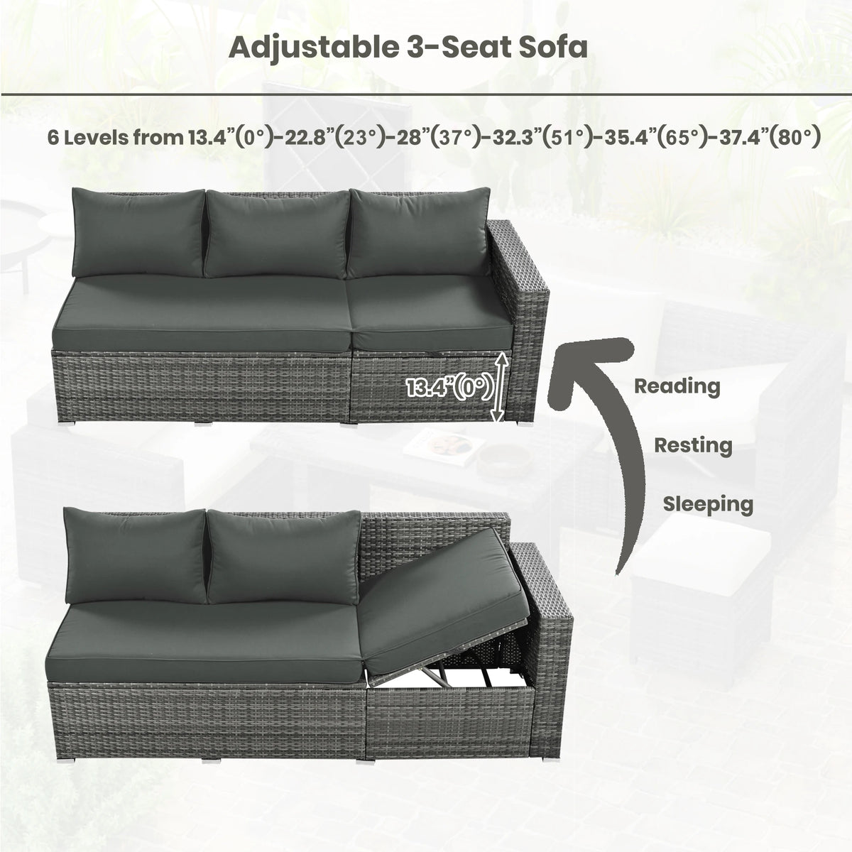 6-Piece Outdoor Wicker Rattan Patio Conversation Set with Adjustable Seat, Storage Box