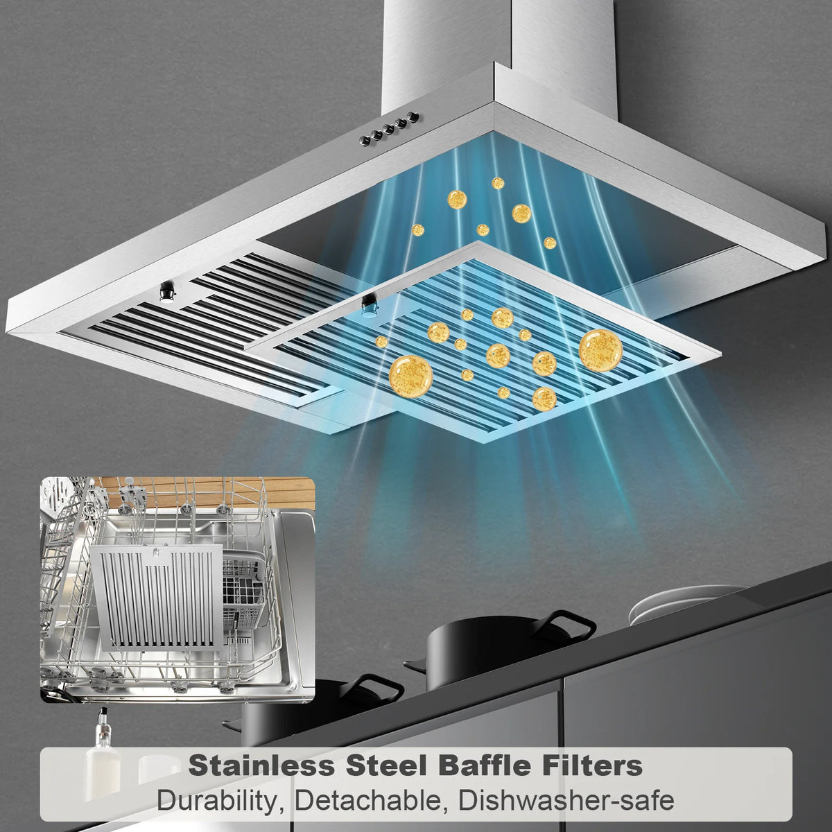 Range Hood 30 Inch, Wall Mount Range Hood Kitchen Hood in Stainless Steel, Vent Hood with Baffle Filters, 3 Speed Fan