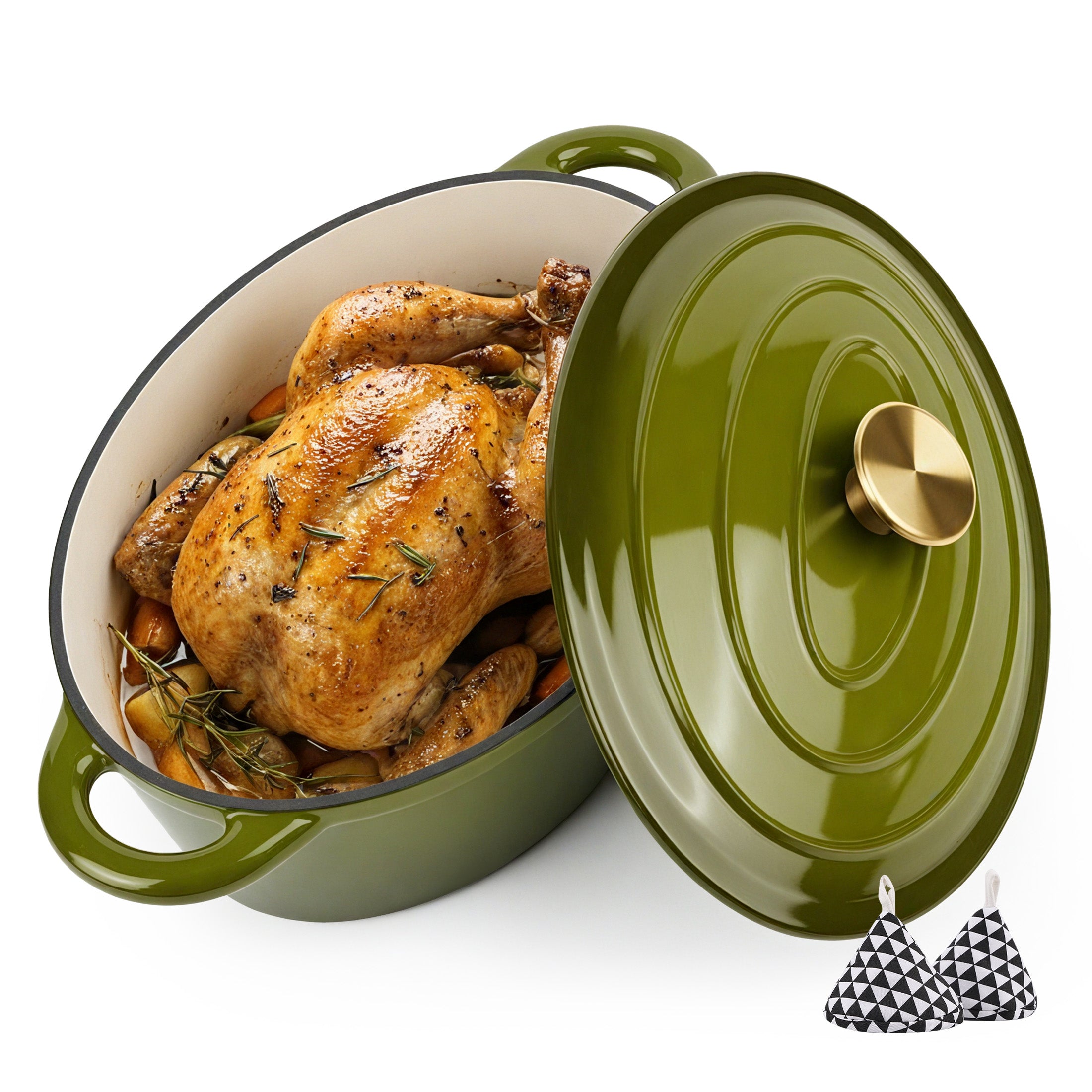 Multifunctional Enameled Cast Iron Dutch Oven 4.5 QT Stainless Steel Bottom Ceramic Exterior Self-Basting Moisture Retention Gas