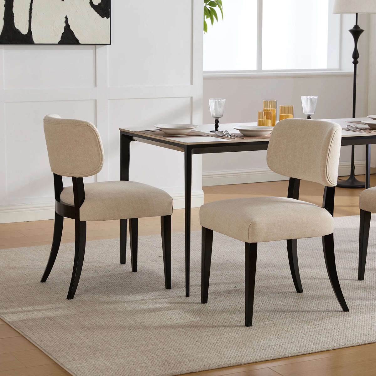 Modern Upholstered Set of 2 Beige Linen Fabric Dining  Chairs with Black Solid Wood Legs for Kitchen Dining Room Furniture
