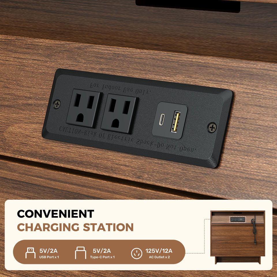 Modern 3-Drawer Wooden Nightstand USB Ports AC Outlets Waterproof Hidden Handle Eco-Friendly Handmade Apartment Bedroom Living