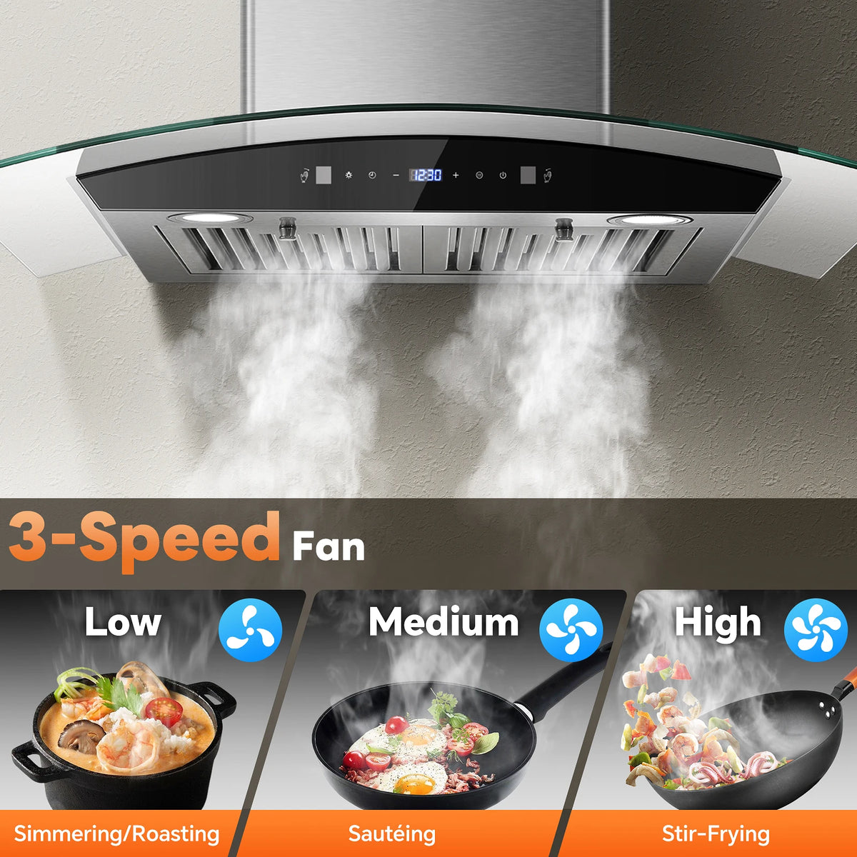 Range Hood 30 Inch Stainless Steel Chimney and Baffle Filters, Touch Control Fan Timer, LED Lights, 3 Speed Fan