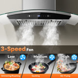 Range Hood 30 Inch Stainless Steel Chimney and Baffle Filters, Touch Control Fan Timer, LED Lights, 3 Speed Fan