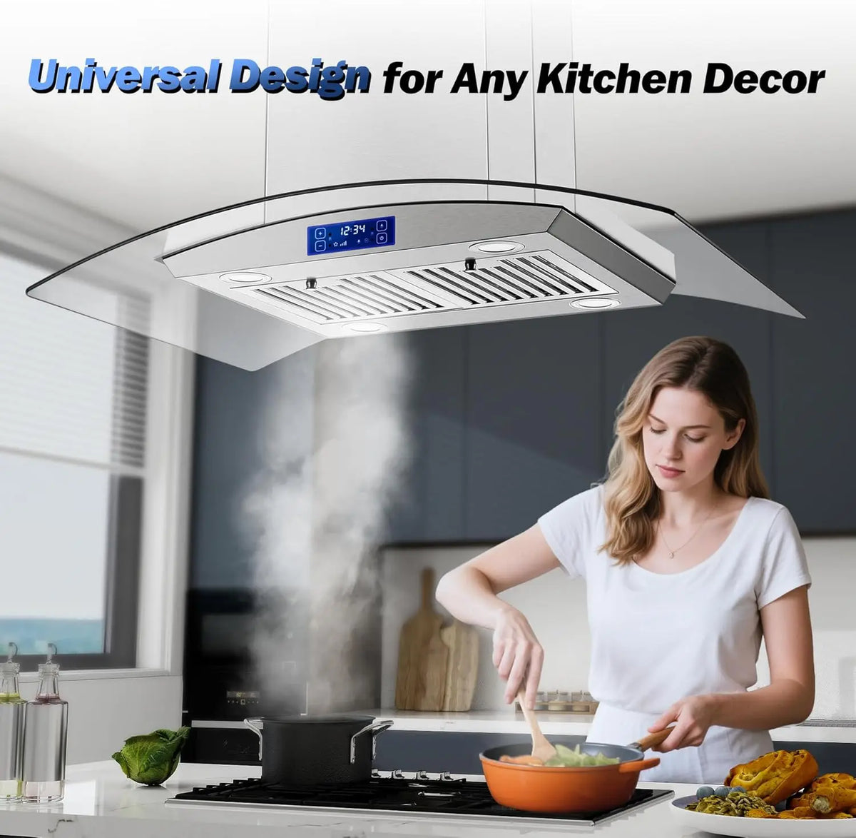 Island Range Hood 36 Inch 700 CFM Ceiling Mount Kitchen Stove Hood Ducted with Tempered Glass 4 LED Lights Gesture/Touch Control