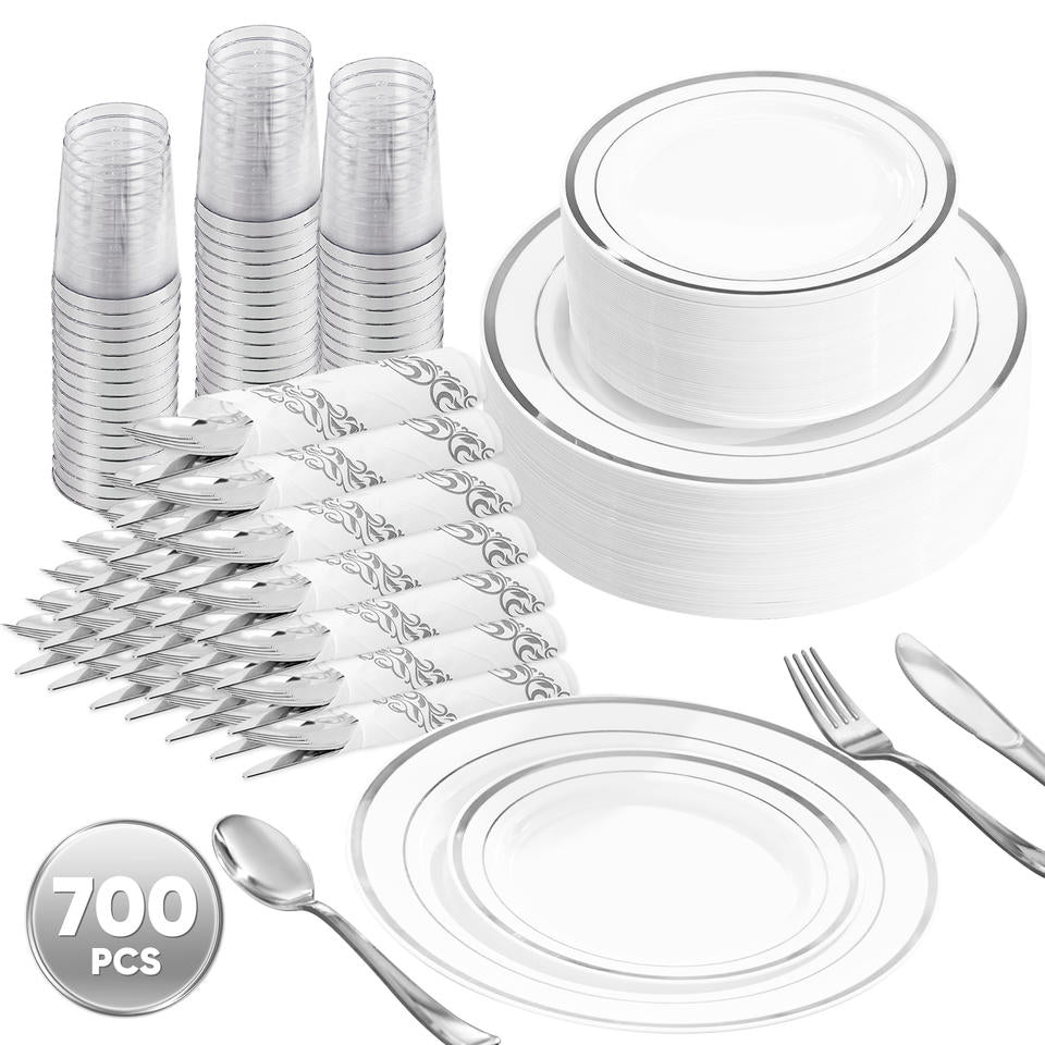 700 PCS Durable Disposable PET Eco-Friendly Party Dinnerware Set Tableware Kit Plates Cups Cutlery Napkins BPA Free Microwave