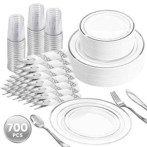 700-piece disposable party dinnerware set in gold with plates, cups, cutlery and napkins
