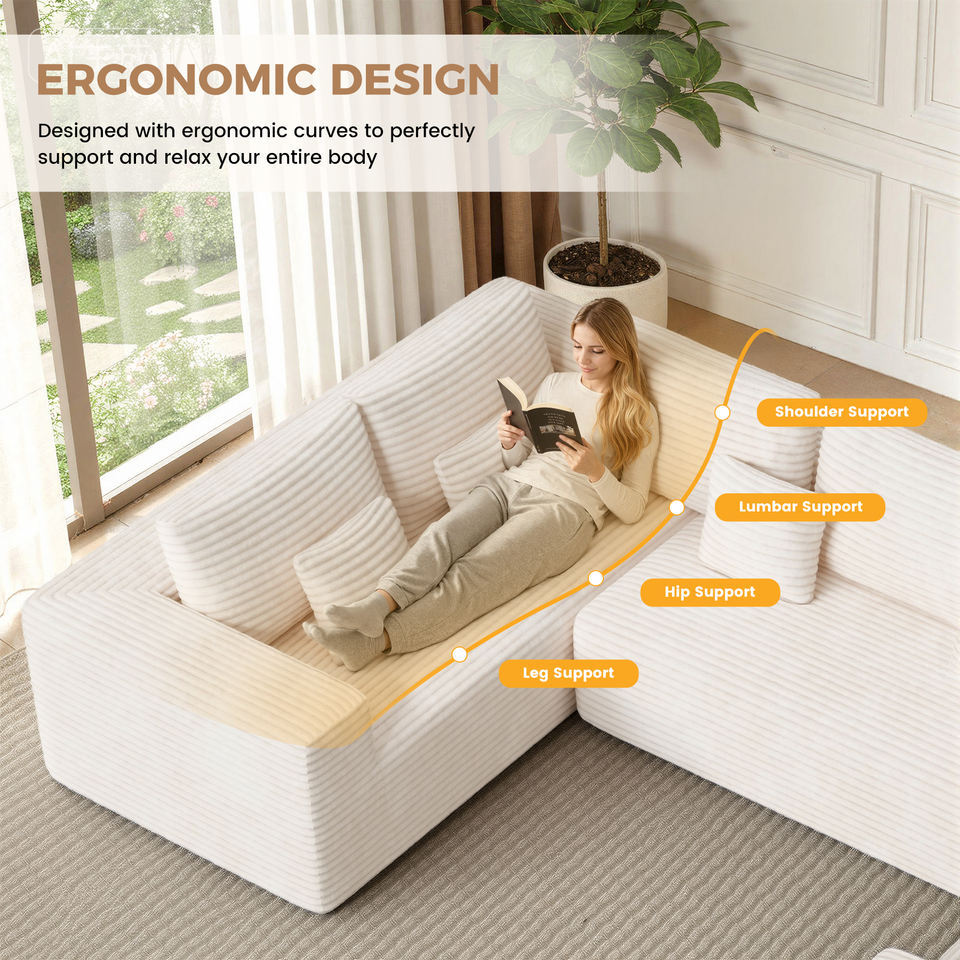 Modern Corduroy Modular Sofa Bed Set Sponge Filled Ergonomic Design No Assembly Pillows Apartment Mall Living Hotel School