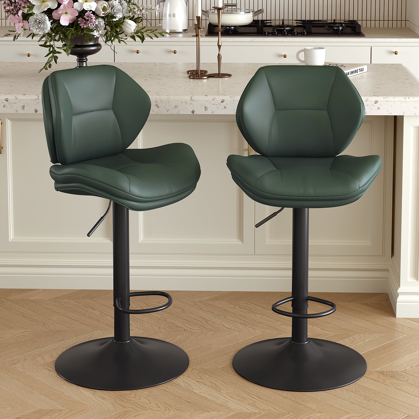 Modern Adjustable Steady Outdoor Rustic Bar Stools Ergonomic PU Leather Stainless Steel Frame Double-Layer Cushion Counter (Set of 2)