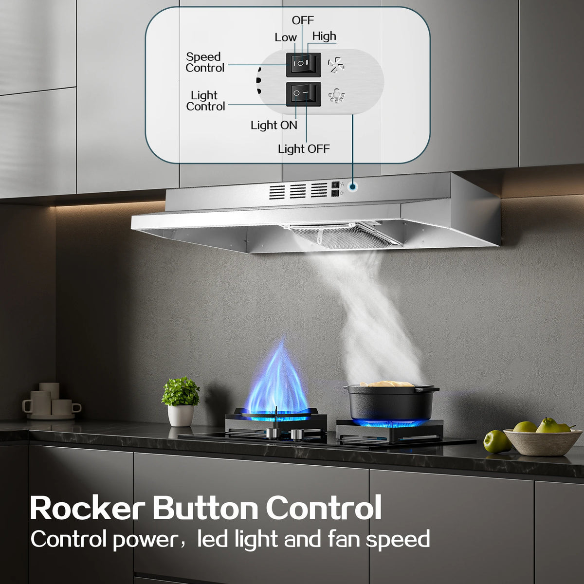 Range Hood 36 Inch Under Cabinet, Stainless Steel Kitchen Vent Hood 280CFM, Built-in Kitchen Stove Hood  Button Control