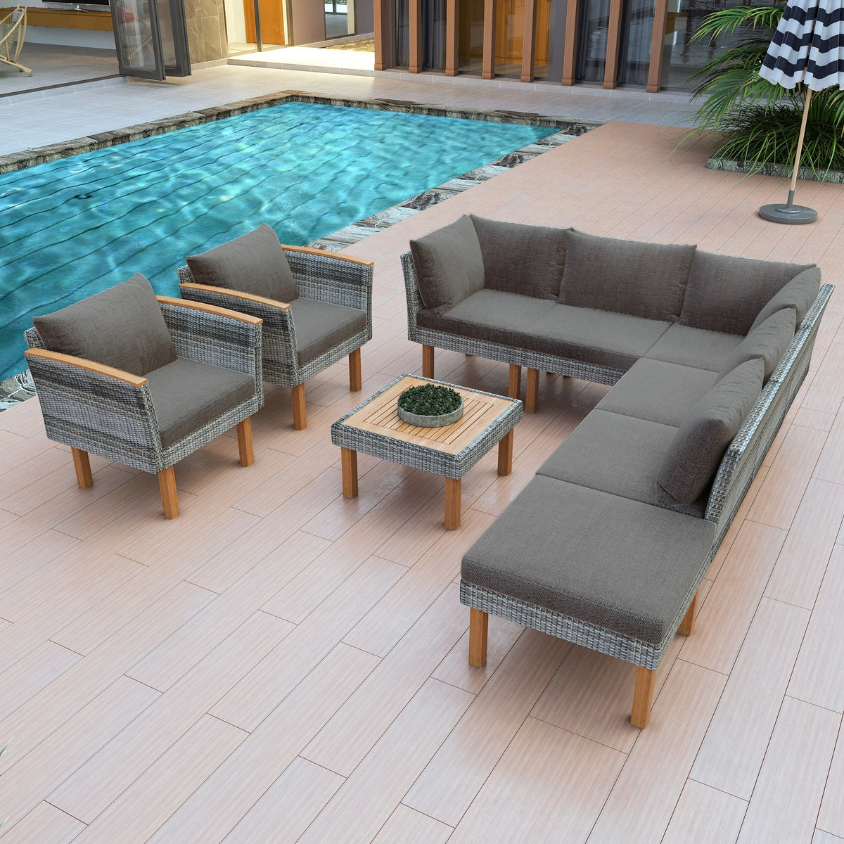 9-Piece Rattan Patio Outdoor Furniture Sectional Conversation Set