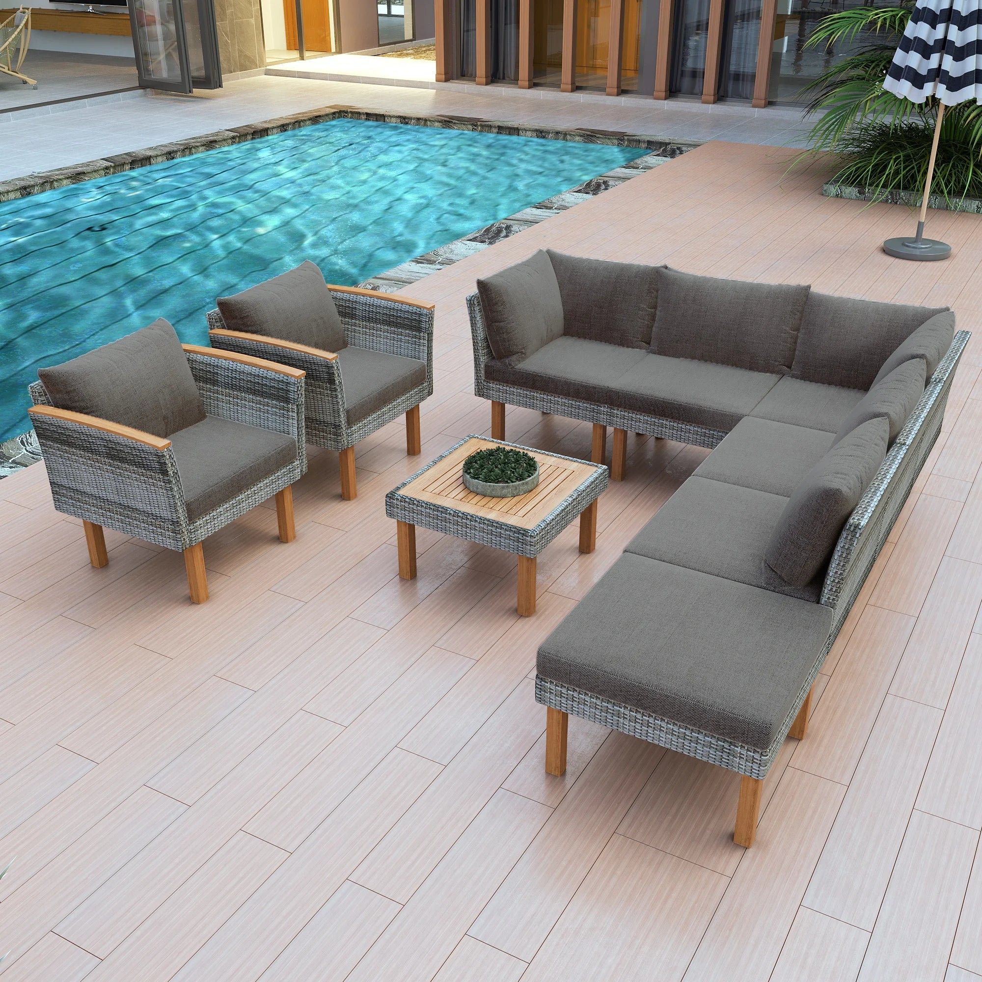 9-Piece Rattan Patio Outdoor Furniture Sectional Conversation Set