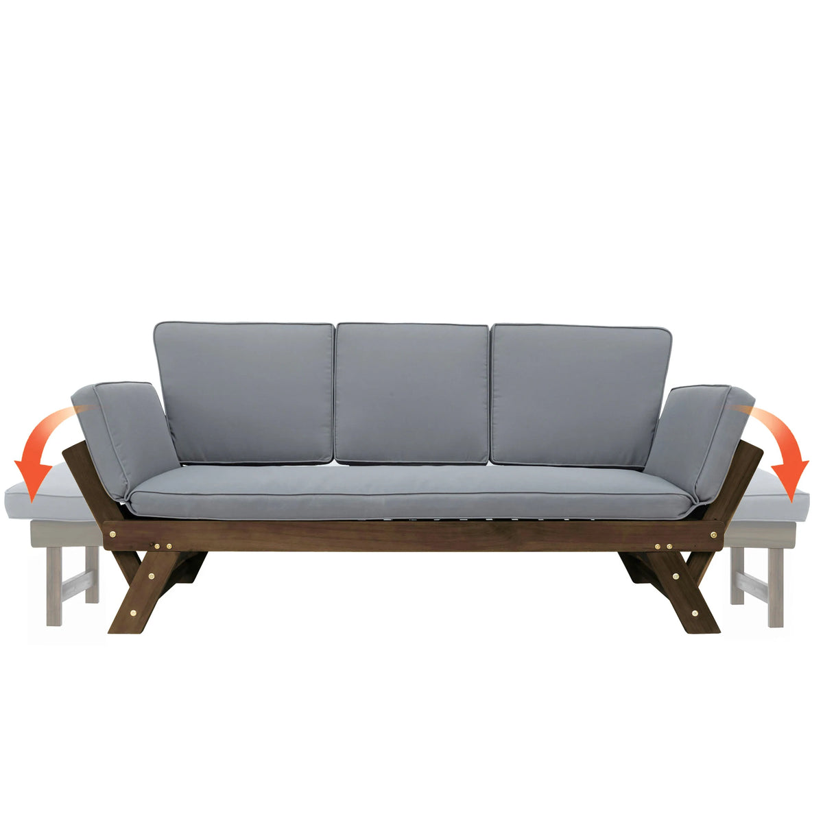 Outdoor Adjustable Brown Finish Wooden Patio Daybed Sofa Chaise Lounge With Gray Cushions