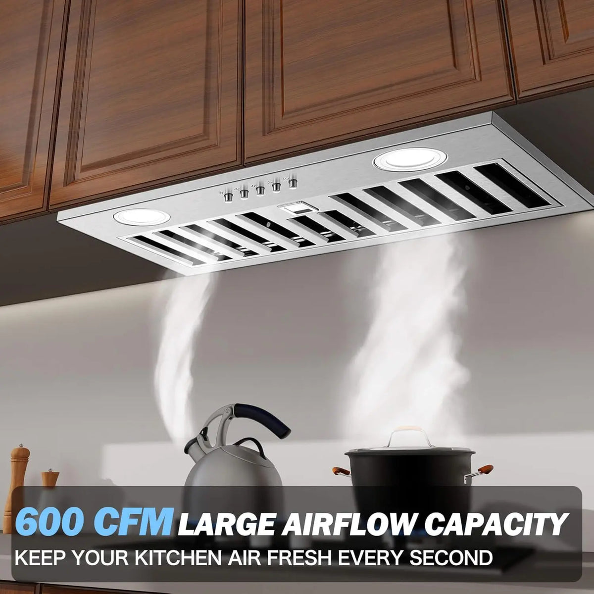 Range Hood Insert 20 Inch 600 CFM Stainless Steel,  Ultra-Quiet Built-in Kitchen Exhaust Hood with Dishwasher-Safe Filter,