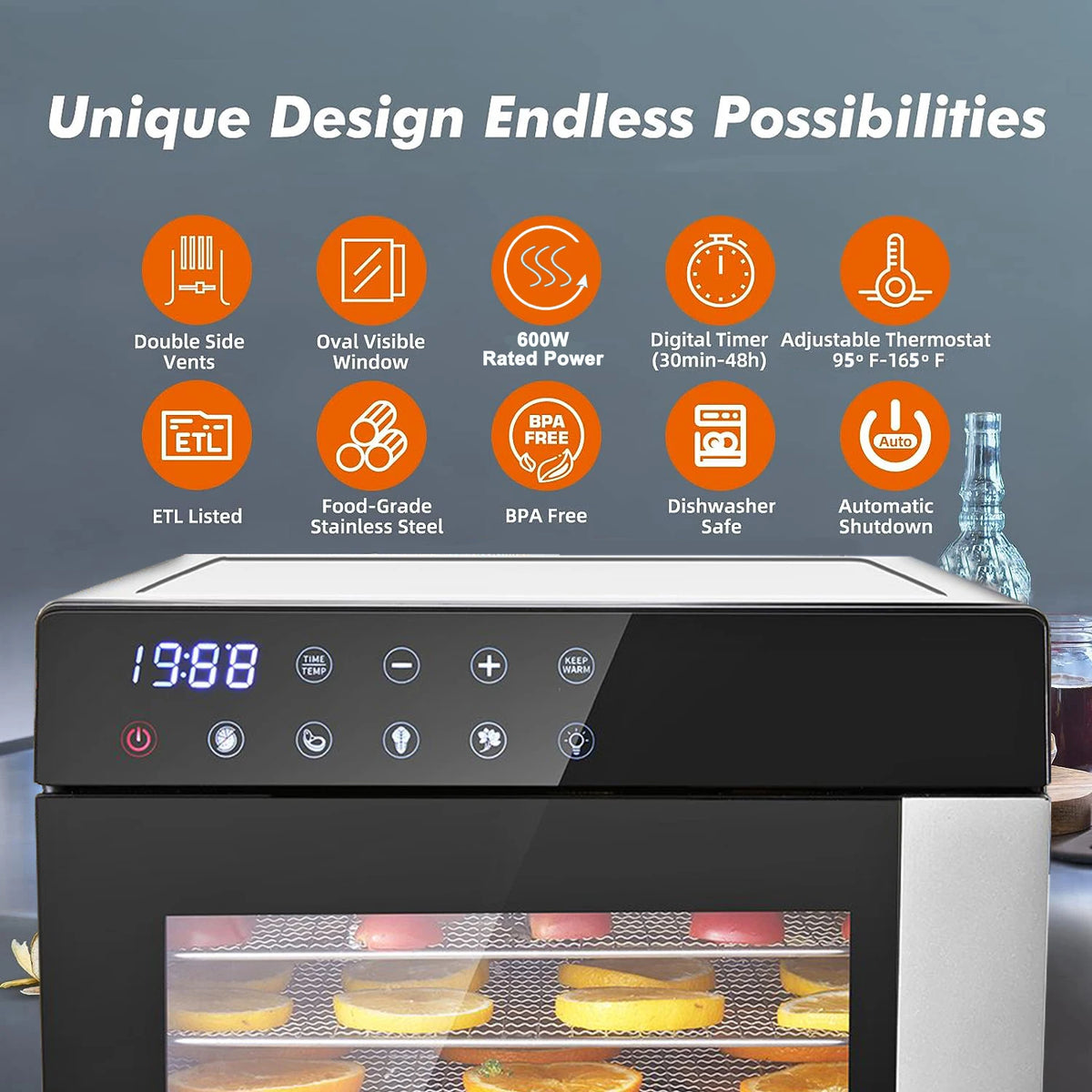 Food Dehydrator Machine 8 Tray Stainless Steel - Large Capacity Dehydrators for Food and Jerky, 600W Fruit Dehydrator