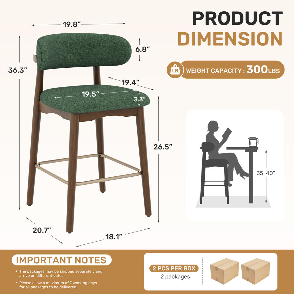 Eco-Friendly Fabric Durable Modern Bar Chair Solid Wood Frame 26.5 Inch Height Backrest for Kitchen Island Outdoor Hotel Use (Set of 3)