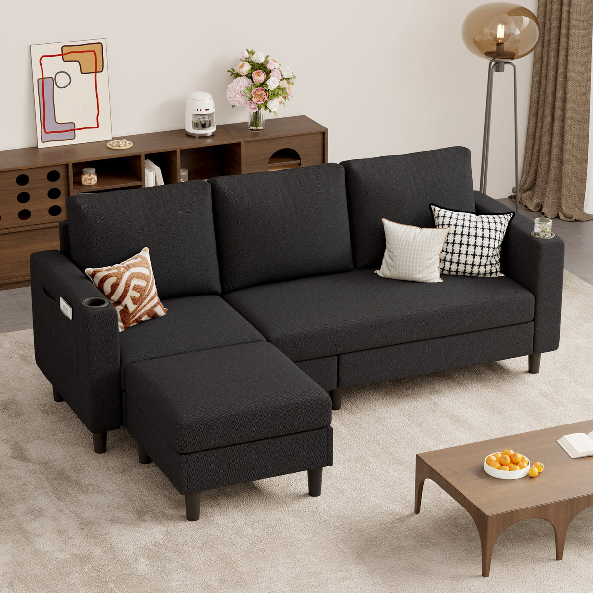 Upholstered L-Shaped 3-seat Extendable Sectional Sofa Set Massage Apartment School Use Washable Linen Covers Modern Sofa Bed