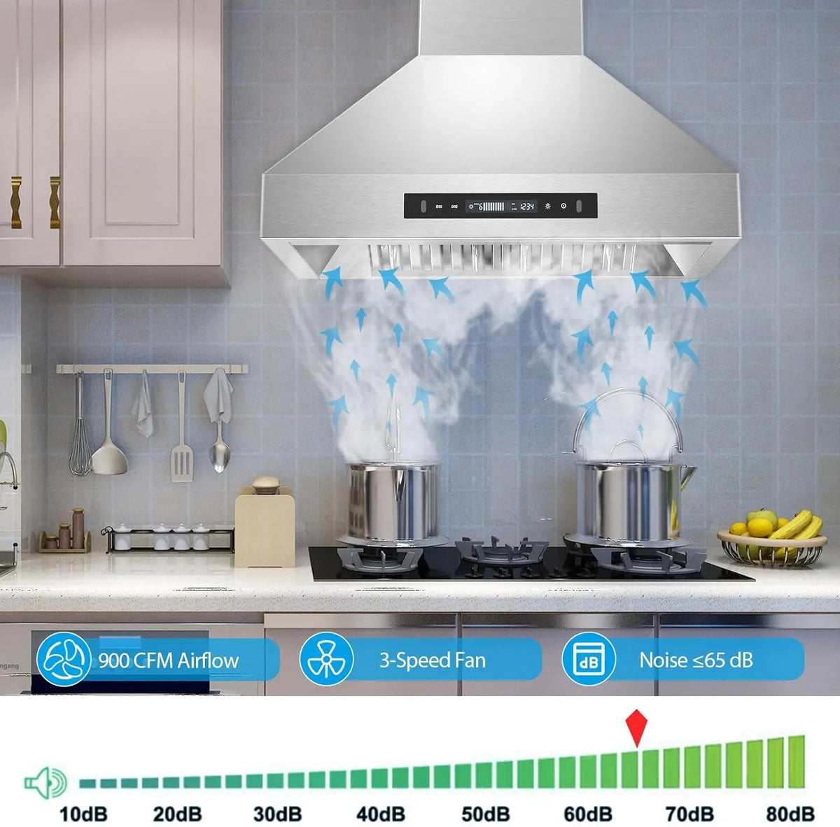 30 Inch Range Hood, Wall Mount Kitchen Hood 900 CFM Ducted/Ductless Convertible with Gesture Sensing & Touch Control