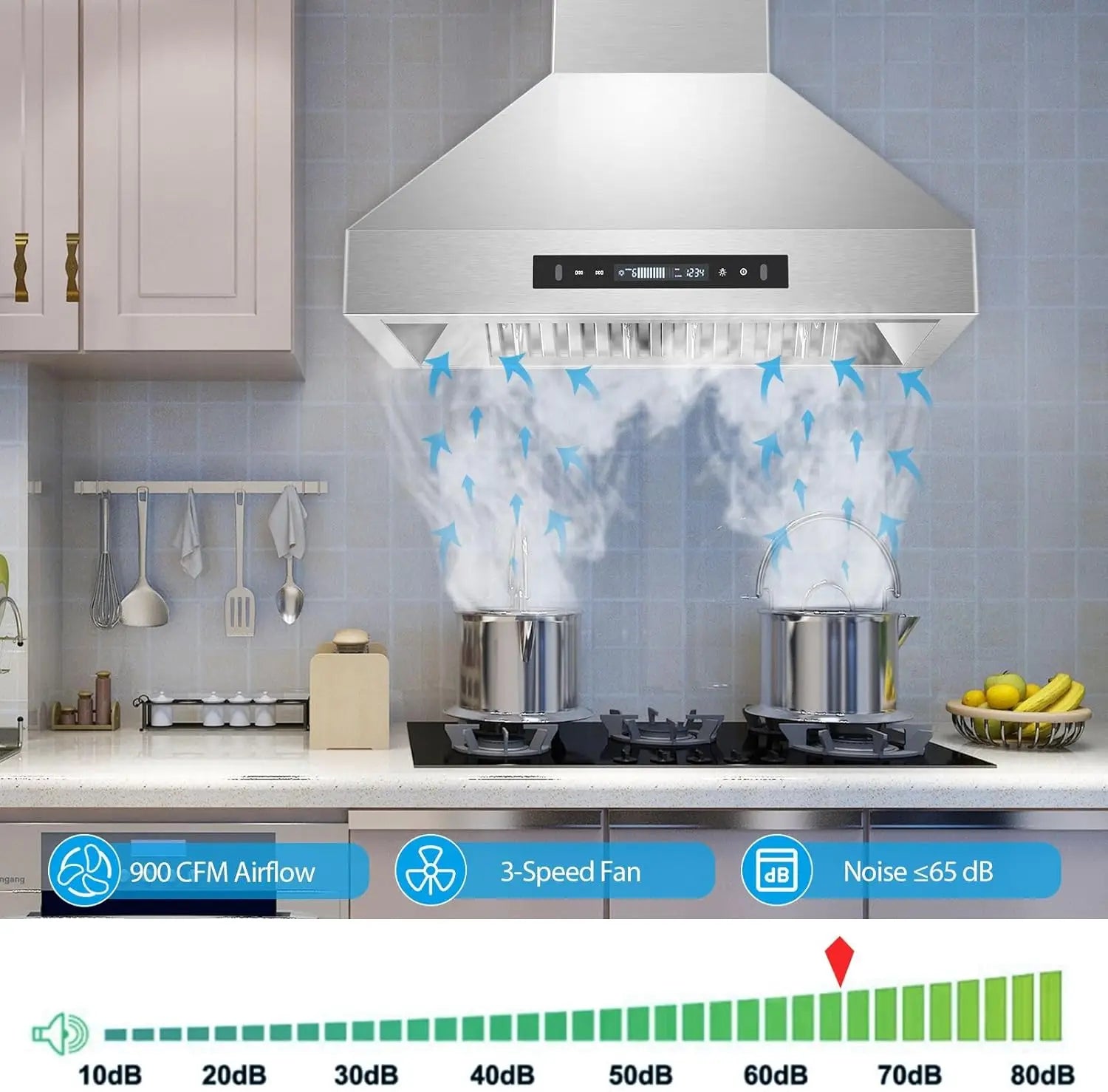 30 Inch Range Hood, Wall Mount Kitchen Hood 900 CFM Ducted/Ductless Convertible with Gesture Sensing & Touch Control