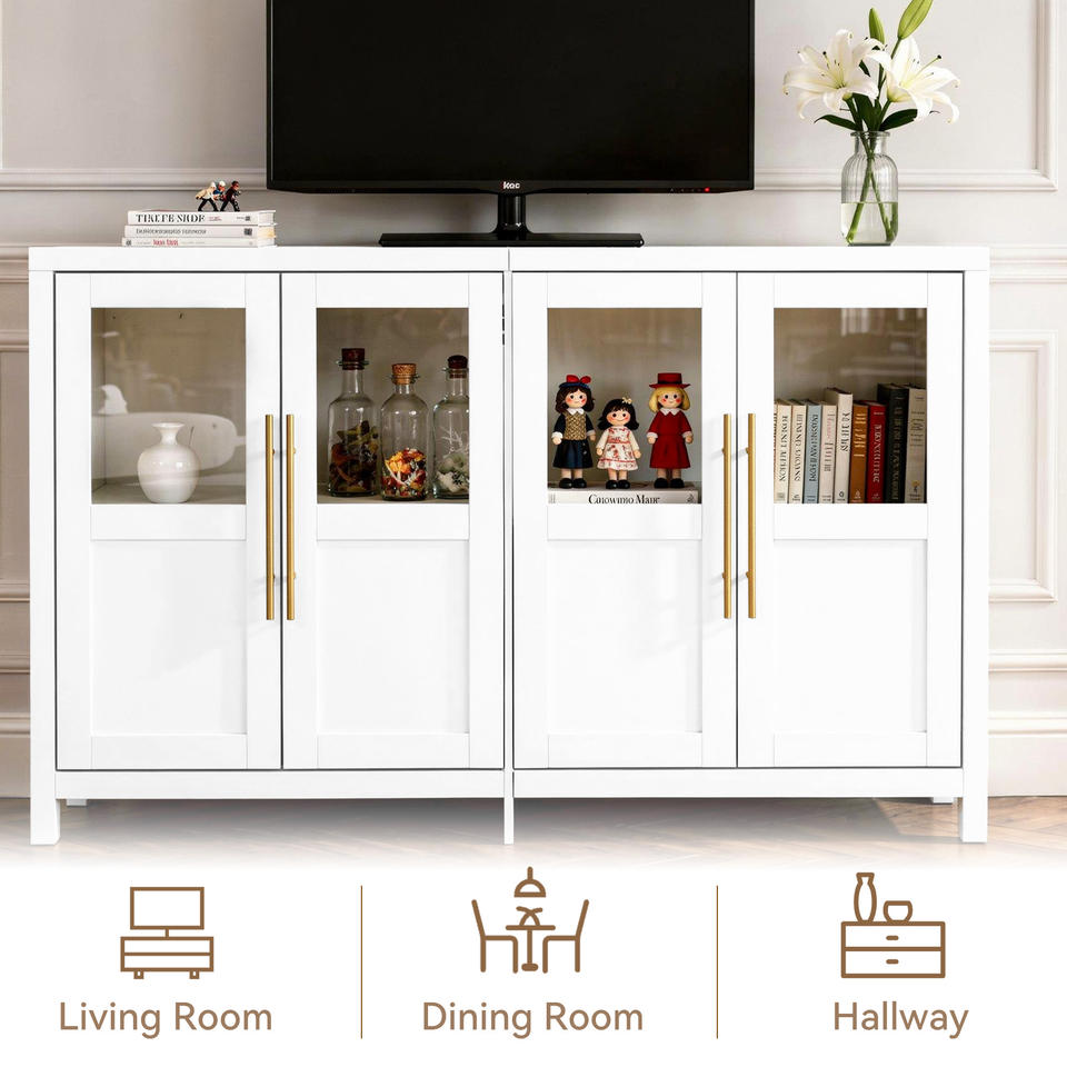 Modern Minimalist Handmade Solid Wood 4-Door Storage Cabinet with Shaker Glass Doors & Gold Handles for Living Room Dining Room