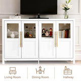 Modern Minimalist Handmade Solid Wood 4-Door Storage Cabinet with Shaker Glass Doors & Gold Handles for Living Room Dining Room