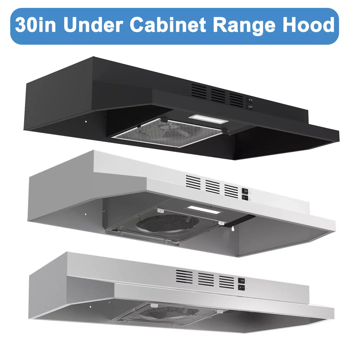 Range Hood 30 Inch Under Cabinet, Stainless Steel Kitchen Vent Hood 280CFM, Built-in Kitchen Stove Hood W/Rocker Button Control