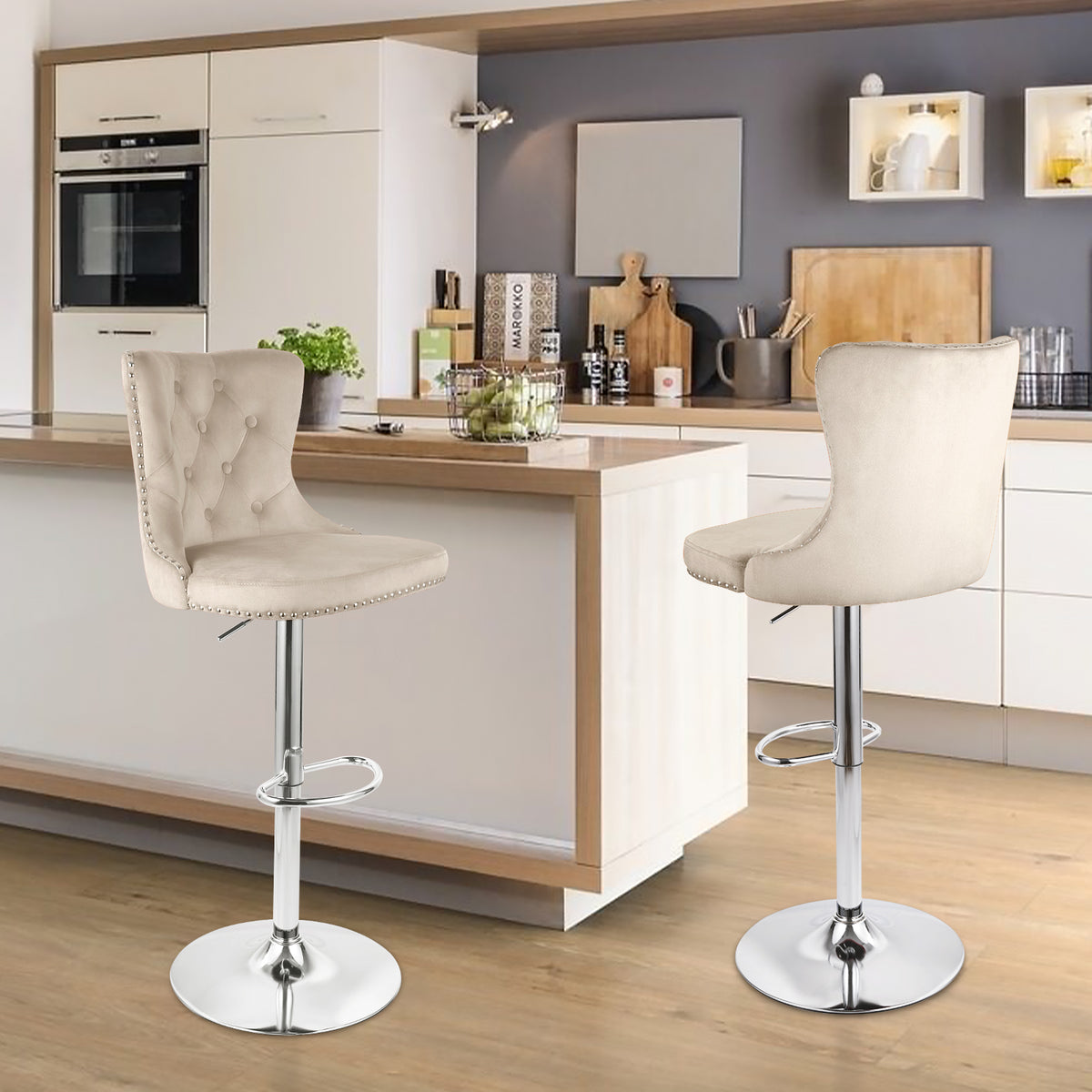 Velvet Swivel Bar Stools Modern High Back Metal Footrest Adjustable Water Resistant for Hotel Dining Living Room Workshop (Set of 2)
