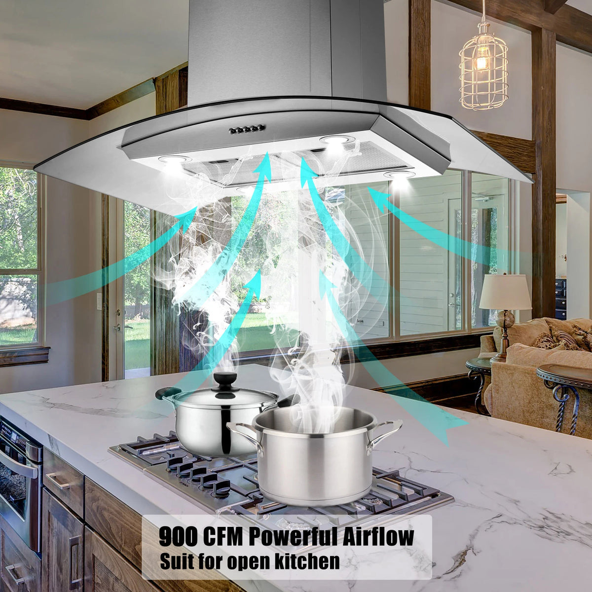 30 Inch Island Range Hood Stainless Steel  Kitchen Exhaust Ventilation Fan with 5-layer  Filters 3 Speed Fan  4 LED