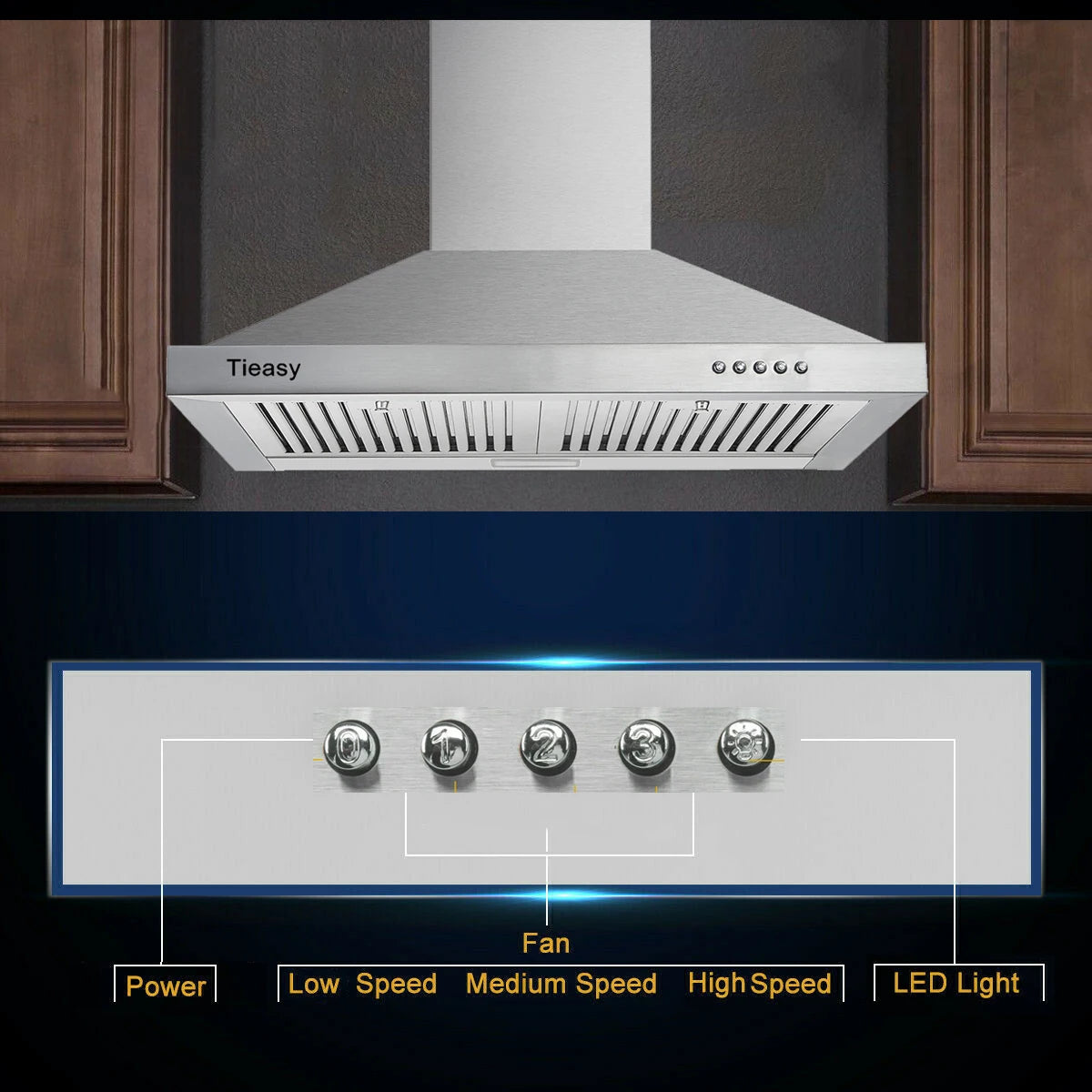 Range Hood, Range Hoods 30 Inch Stainless Steel, 450 CFM Kitchen Hood with LED Light Baffle Filters, 3 Speed Exhaust Fan