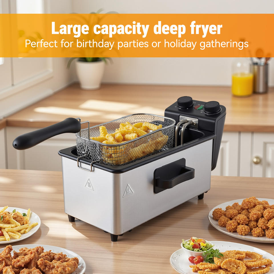Electric Outdoor Deep Fryer Stainless Steel 3L Capacity Removable Basket Fast Heating Overheat Protection Non-Stick Household