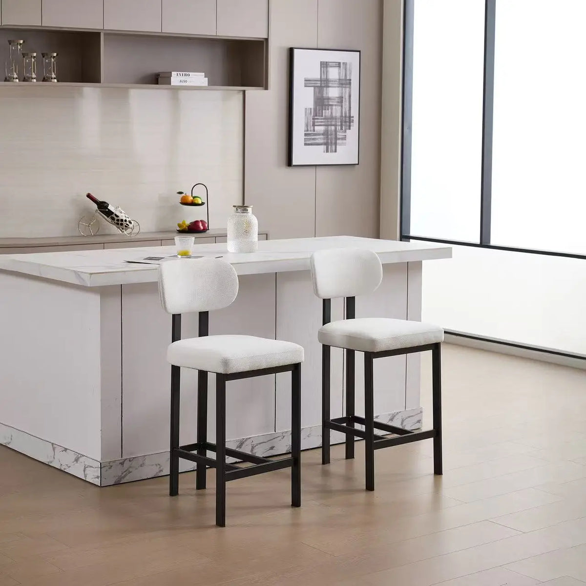 Modern Home Bar Stools with Fabric Cushion Set of 2 Ergonomic Backrest Metal Legs for Hotels Dining and Kitchen Use