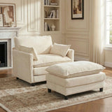 Chenille Two Seat Accent Sofa Ottoman Cozy Upholstered Modern Sofa Set Beige Lounge Decorative Pillows Wood Legs Living Room