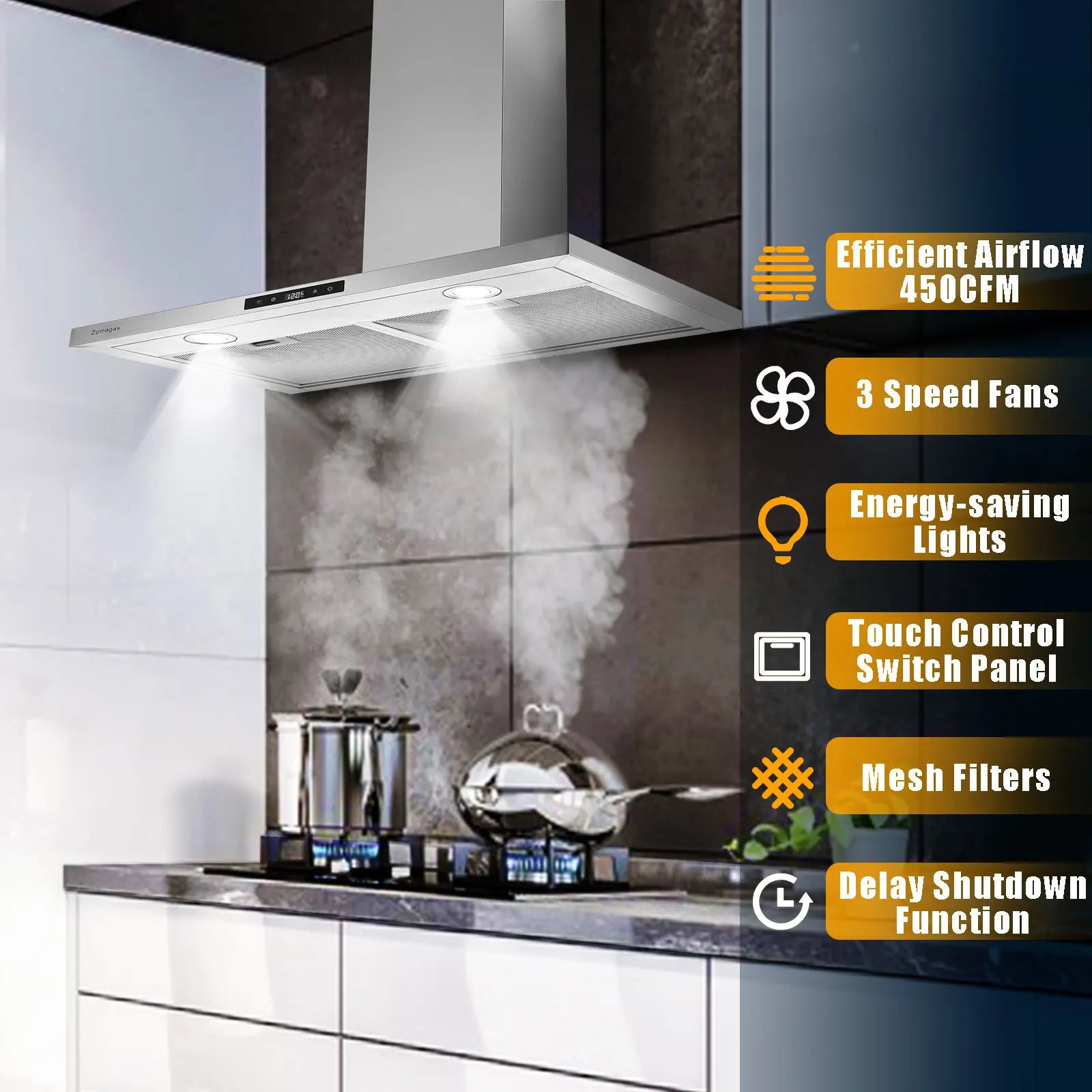 30 Inch Wall Mount Range Hood 450CFM Touch Control LED Stainless Steel Filter 3 Speed Fan 2 LED Lights Adjustable Chimney