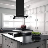 Island Range Hood Black 30 Inch 700CFM, Ceiling Mount Kitchen Vent Hood Stainless Steel , 5-layer Filters,  Tempered Glass
