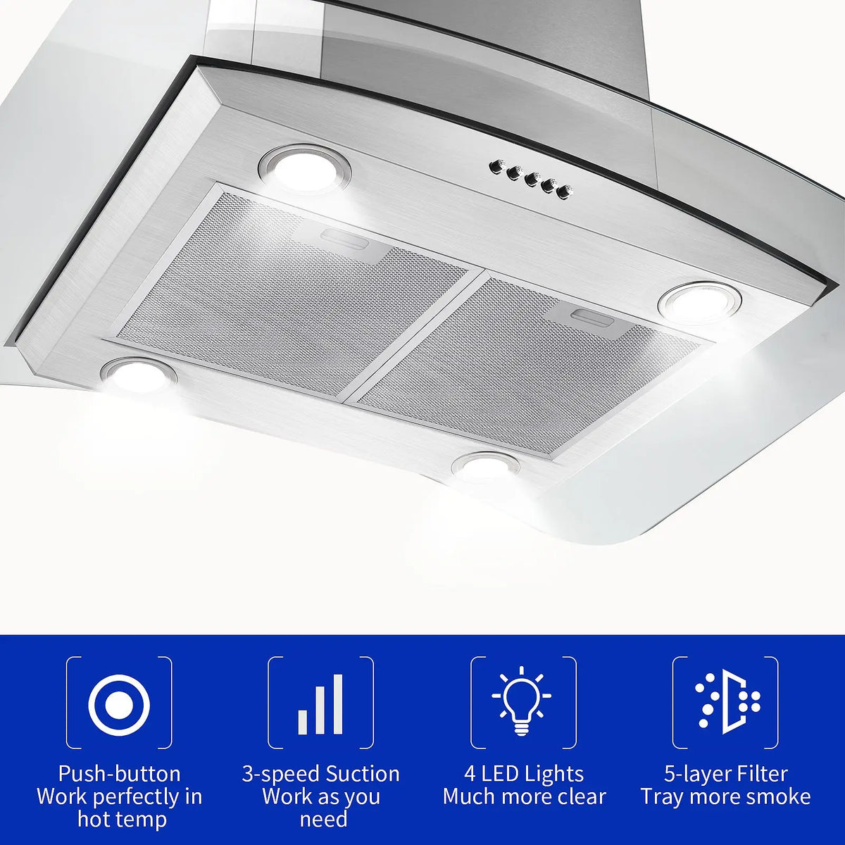 30 Inch Island Range Hood Stainless Steel  Kitchen Exhaust Ventilation Fan with 5-layer  Filters 3 Speed Fan  4 LED