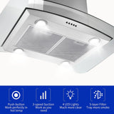 30 Inch Island Range Hood Stainless Steel  Kitchen Exhaust Ventilation Fan with 5-layer  Filters 3 Speed Fan  4 LED
