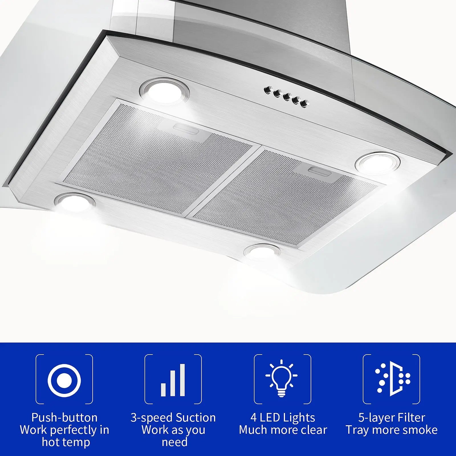30 Inch Island Range Hood Stainless Steel  Kitchen Exhaust Ventilation Fan with 5-layer  Filters 3 Speed Fan  4 LED