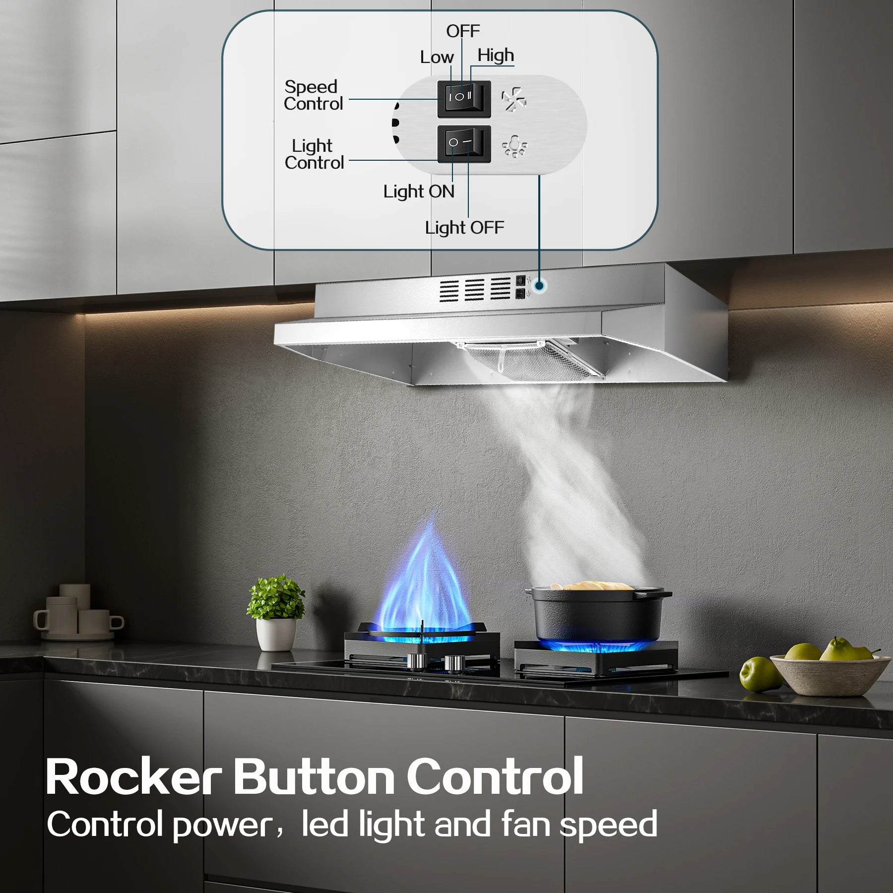 24 Inch Range Hood Under Cabinet, Stainless Steel Kitchen Hood 280CFM, Ducted/Ductless Vent Hood with Rocker Button Control