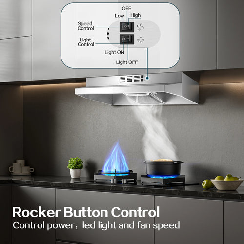 24 Inch Range Hood Under Cabinet, Stainless Steel Kitchen Hood 280CFM, Ducted/Ductless Vent Hood with Rocker B - view 2