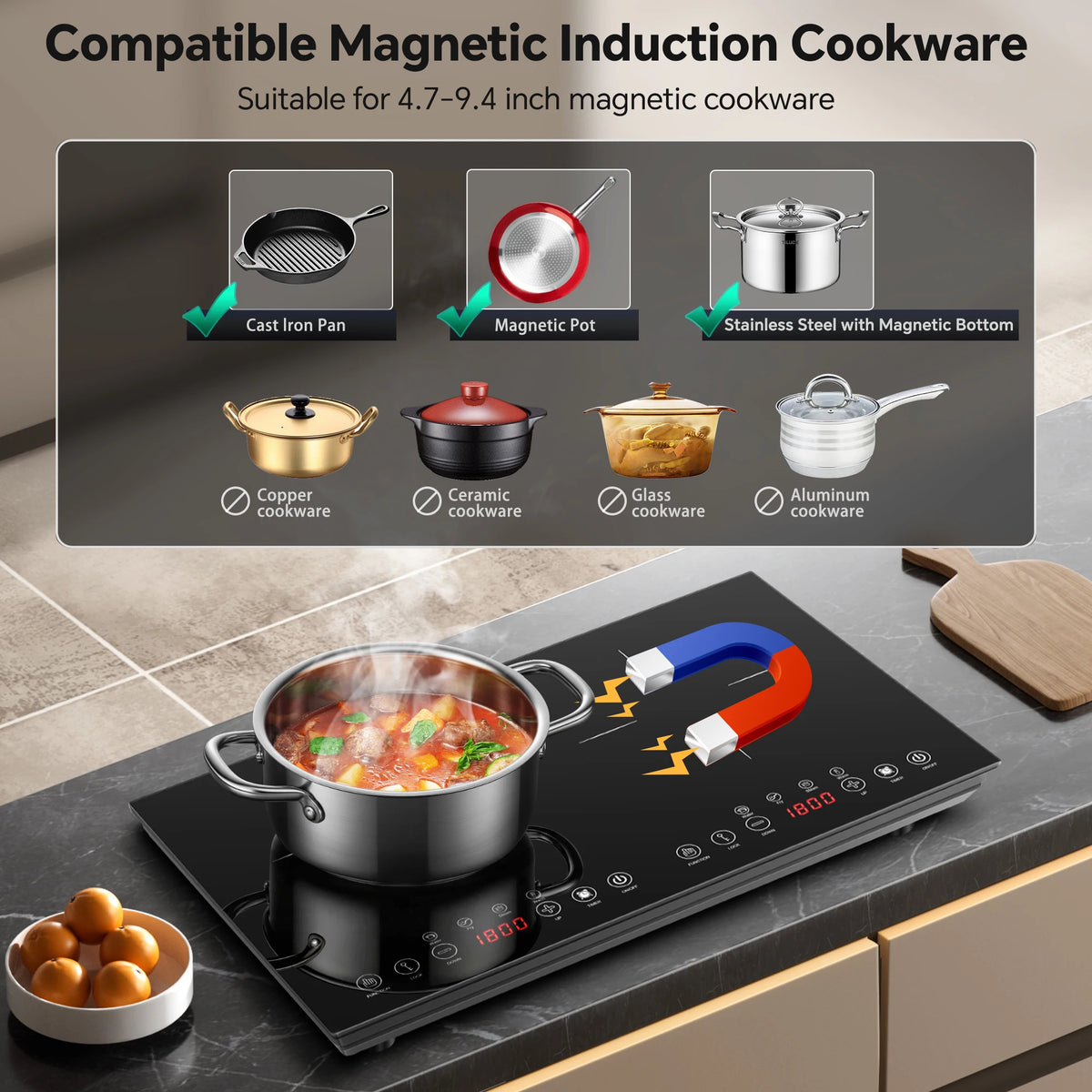 Portable Induction Cooktop 2 Burner-1800W Ultra Thin Design, Sensor Touch Control, Child Safety Lock & Timer | Electric Cooktop