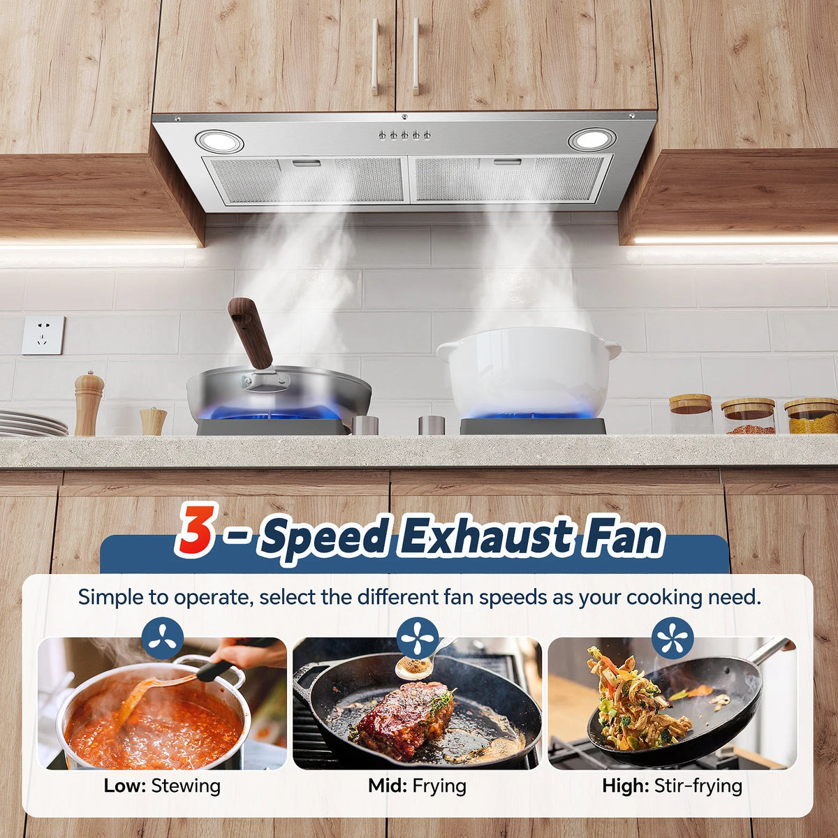 Range Hood Insert 30 Inch Stainless Steel Built-in Kitchen Hood with 13m³ / Min, Ductless/Ducted Range Hood, Push Button Control