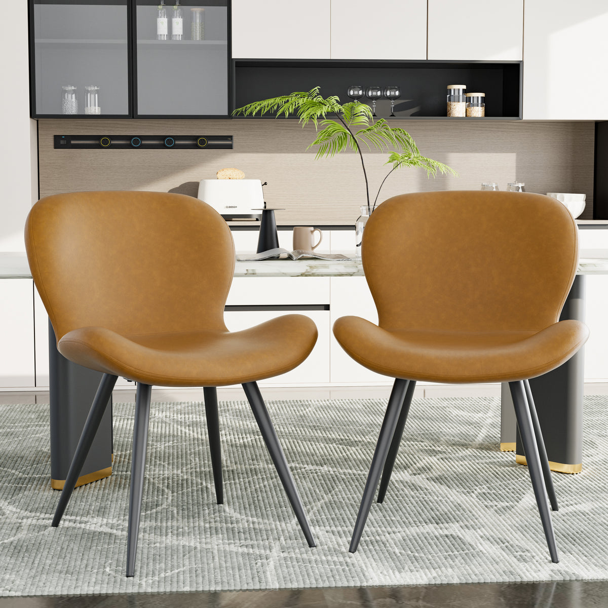 Ergonomic Curved Back Midcentury Modern Dining Chair Widened Seat PU Leather Sturdy Metal Base Comfort Restaurant Furniture (Set of 2)