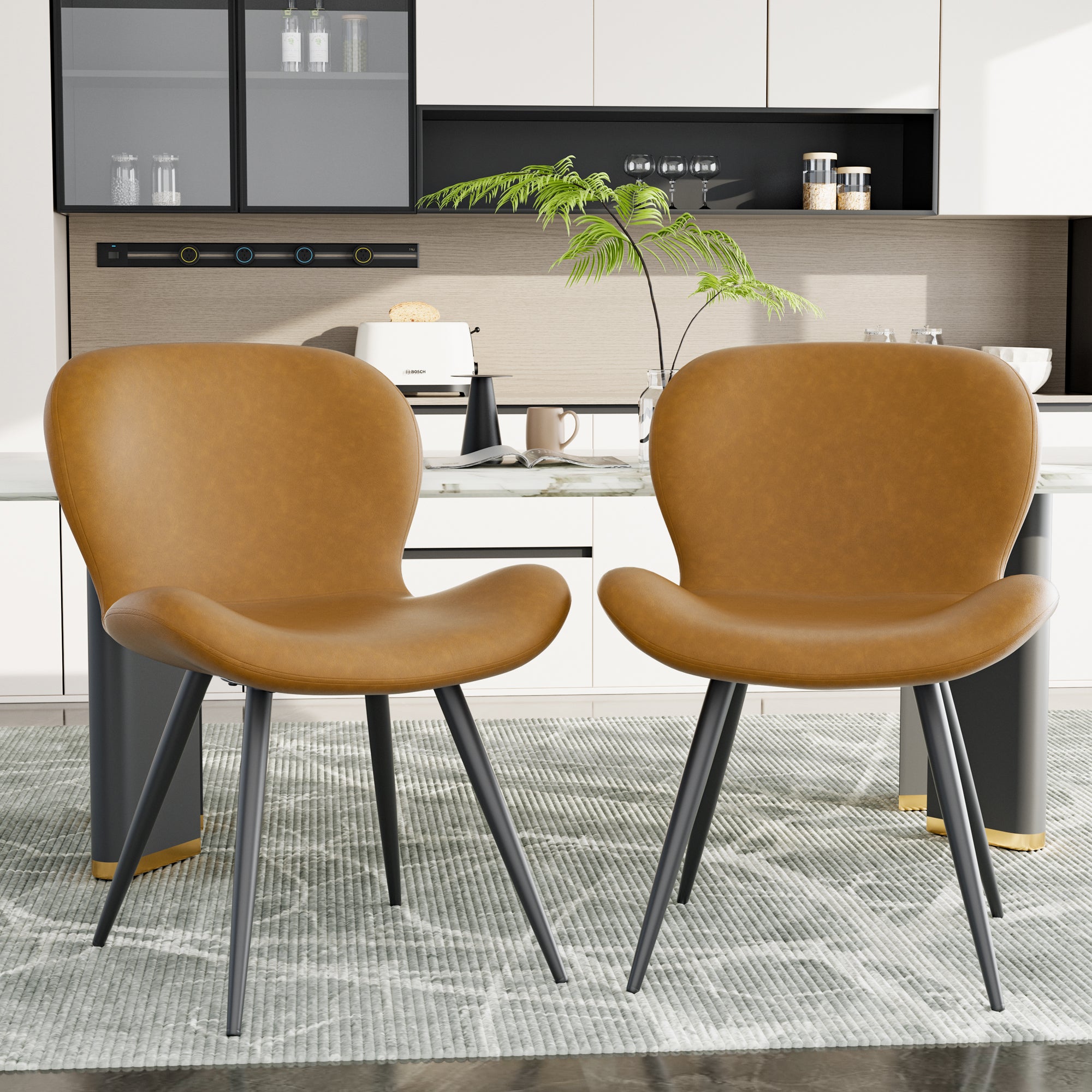 Modern Midcentury PU Leather Dining Chairs Comfy Backrest Thick Upholstered Soft 19IN Height Metal Legs Commercial Outdoor Hotel (Set of 4)