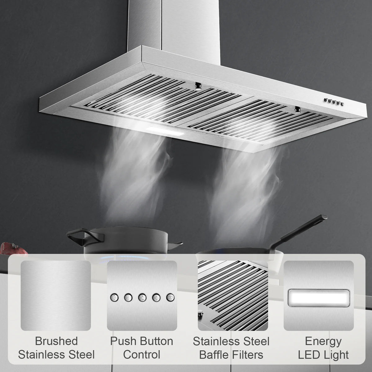 Range Hood 30 Inch, Wall Mount Range Hood Kitchen Hood in Stainless Steel, Vent Hood with Baffle Filters, 3 Speed Fan